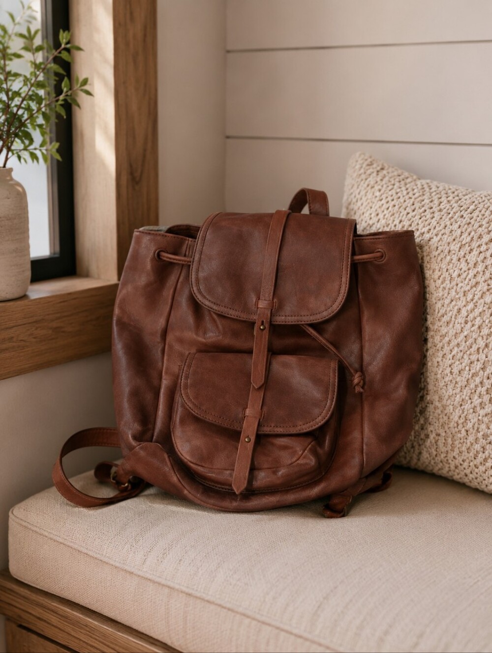 Madewell Brown Leather Drawstring Backpack